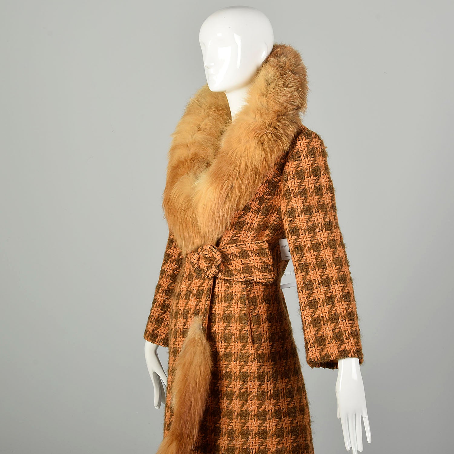 Large 1970s Coat Orange Brown Chunky Boucle Tweed Wool Real Fox Fur Winter