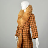 Large 1970s Coat Orange Brown Chunky Boucle Tweed Wool Real Fox Fur Winter