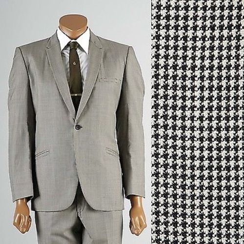 1960s Men's Mod Two Piece Suit in Black &  White Houndstooth with Red Lining