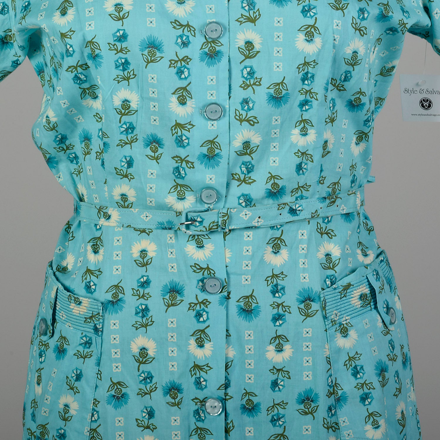 3XL 1950s Day Dress Blue Cotton Summer Novelty Print Volup Short Sleeve Casual