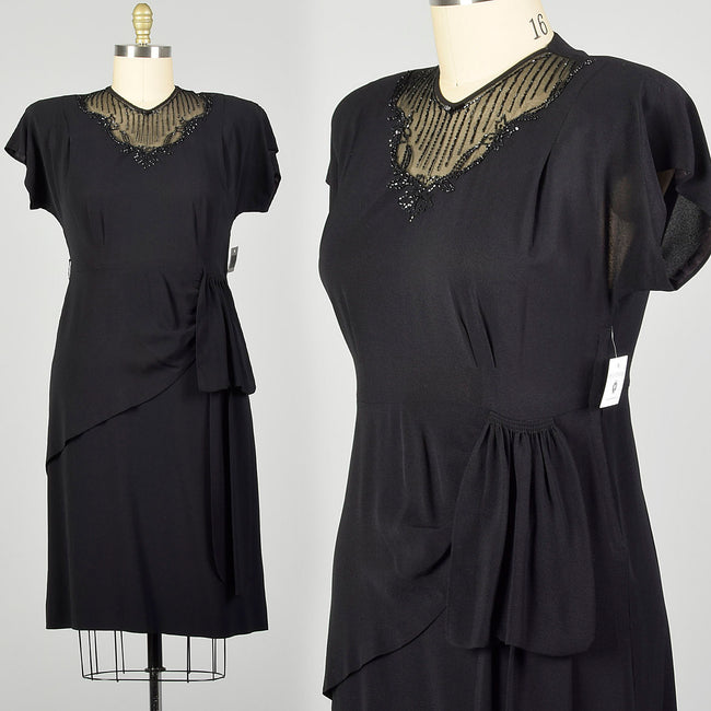 XL 1940s Little Black Dress Rayon Volup Beaded Illusion Neckline Evening Cocktail Gown LBD