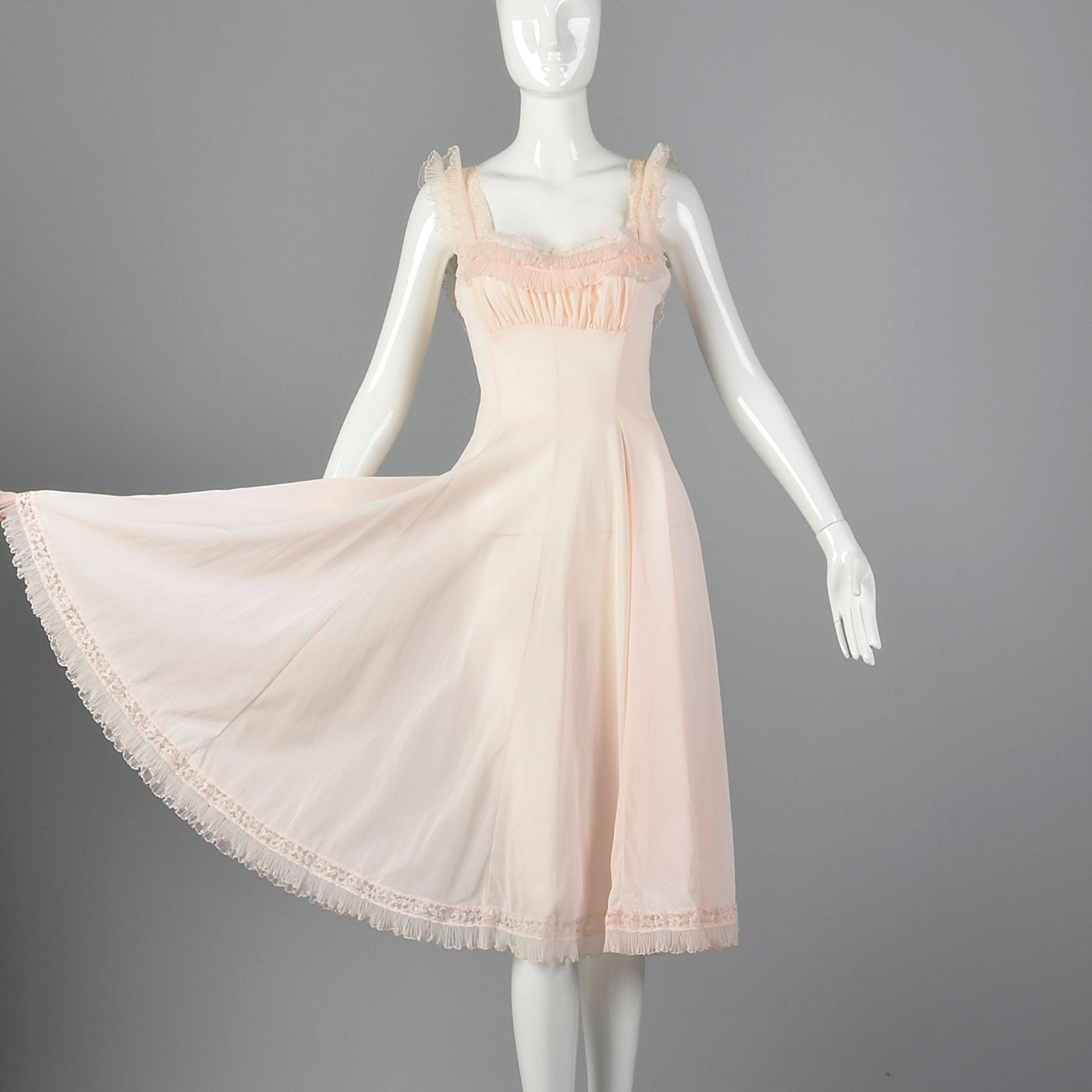 1950s Pink Nylon Nightgown with Ruffle Trim