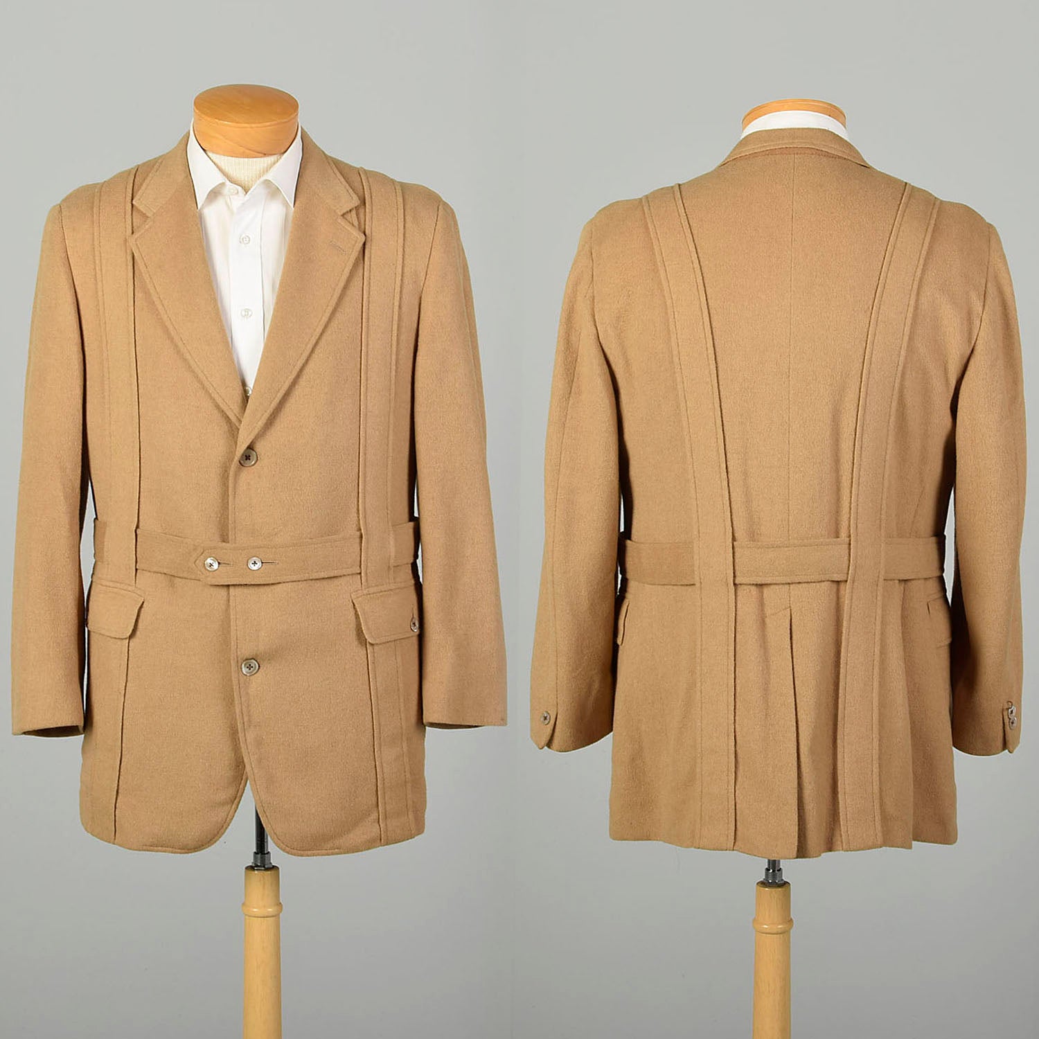 Large 1980s Norfolk Jacket Tan Belted Camel Hair Coat