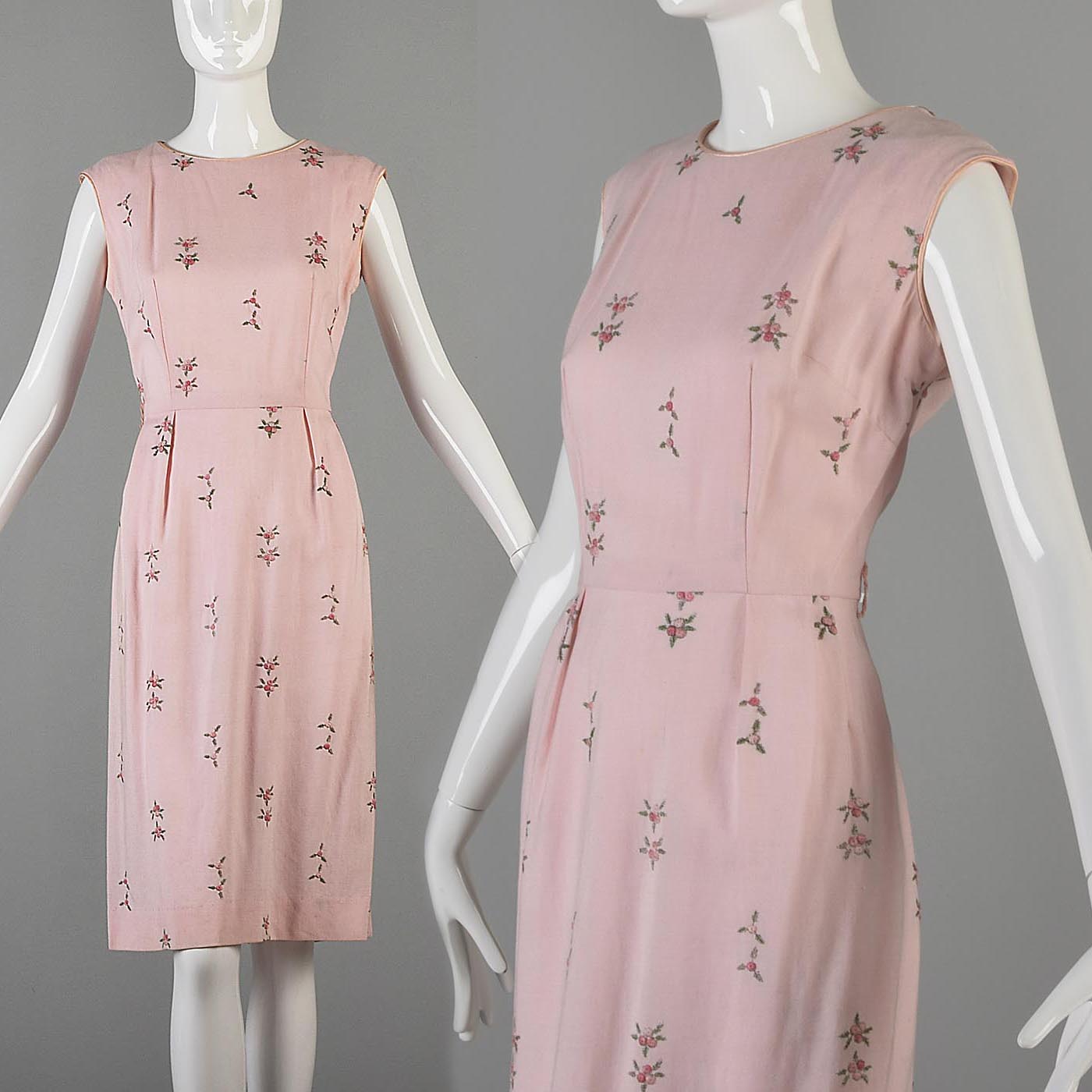1950s Pink Sleeveless Day Dress with Floral Embroidery