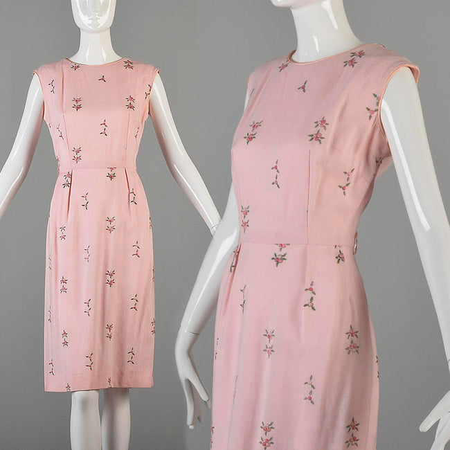 1950s Pink Sleeveless Day Dress with Floral Embroidery