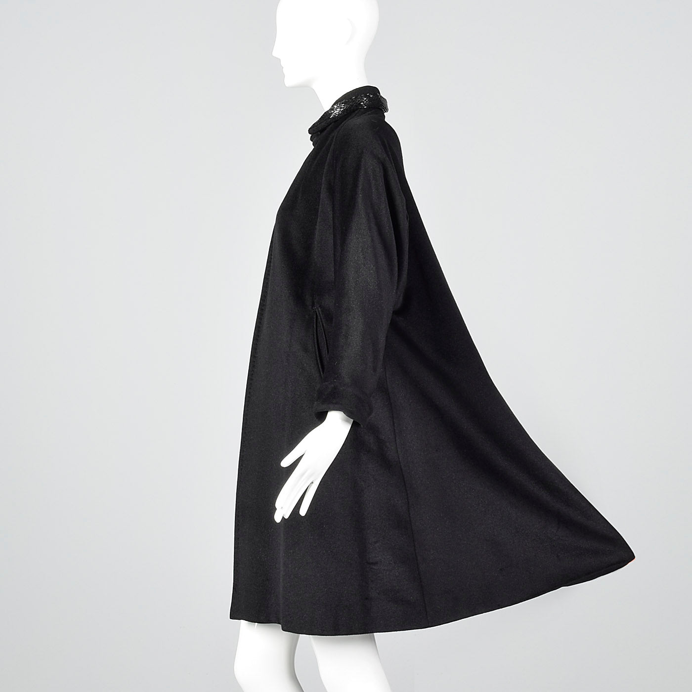 1950s Black Wool Swing Coat with Beaded Collar