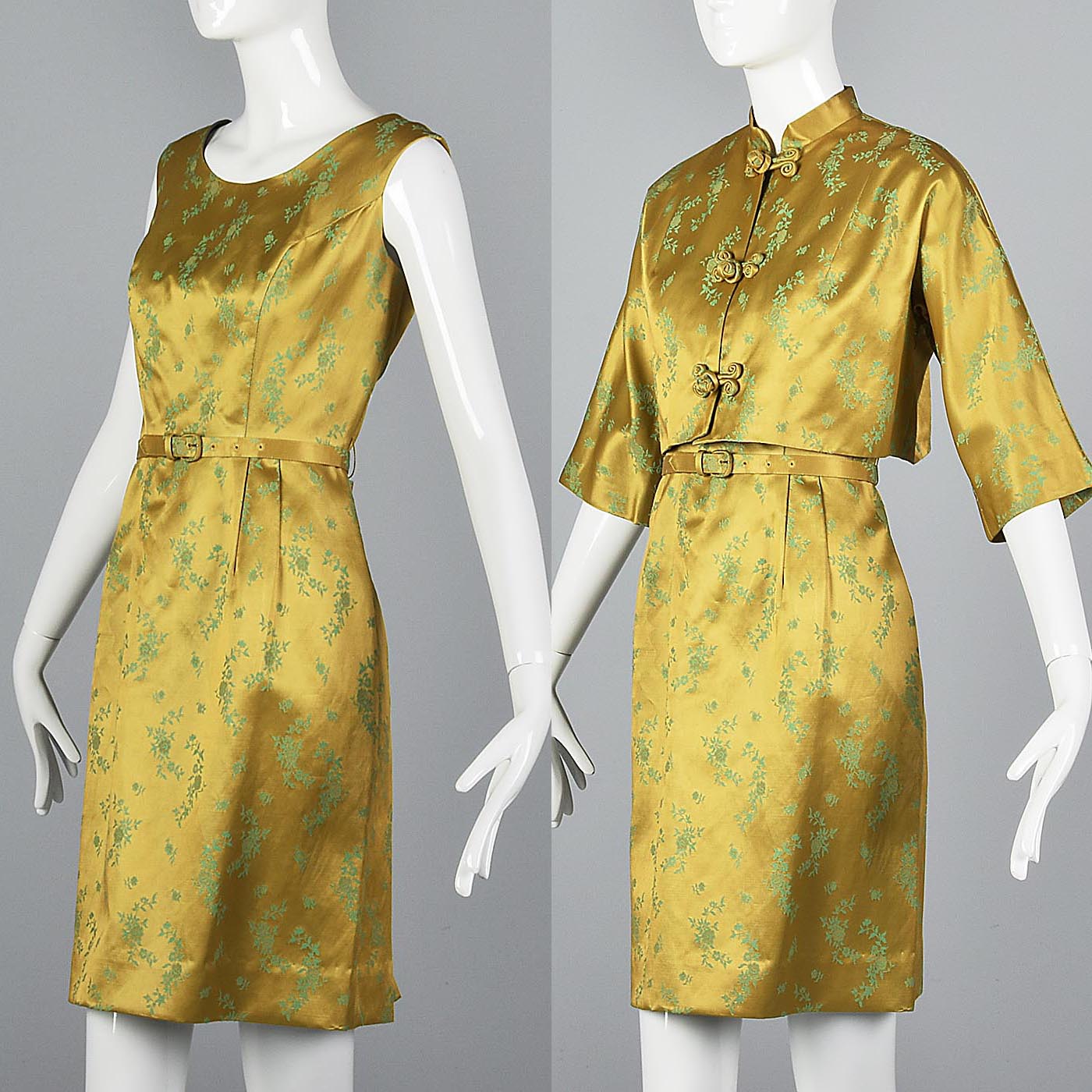 1960s Two Piece Dress  and Jacket Set in Mustard and Green Satin