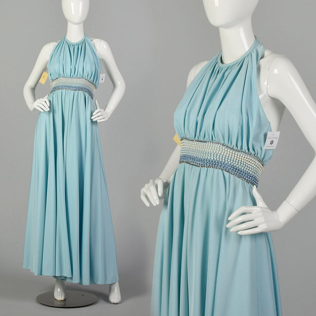 XXS 1960s Jumpsuit Baby Blue Palazzo Wide Leg Pants Halter Top Beaded Evening