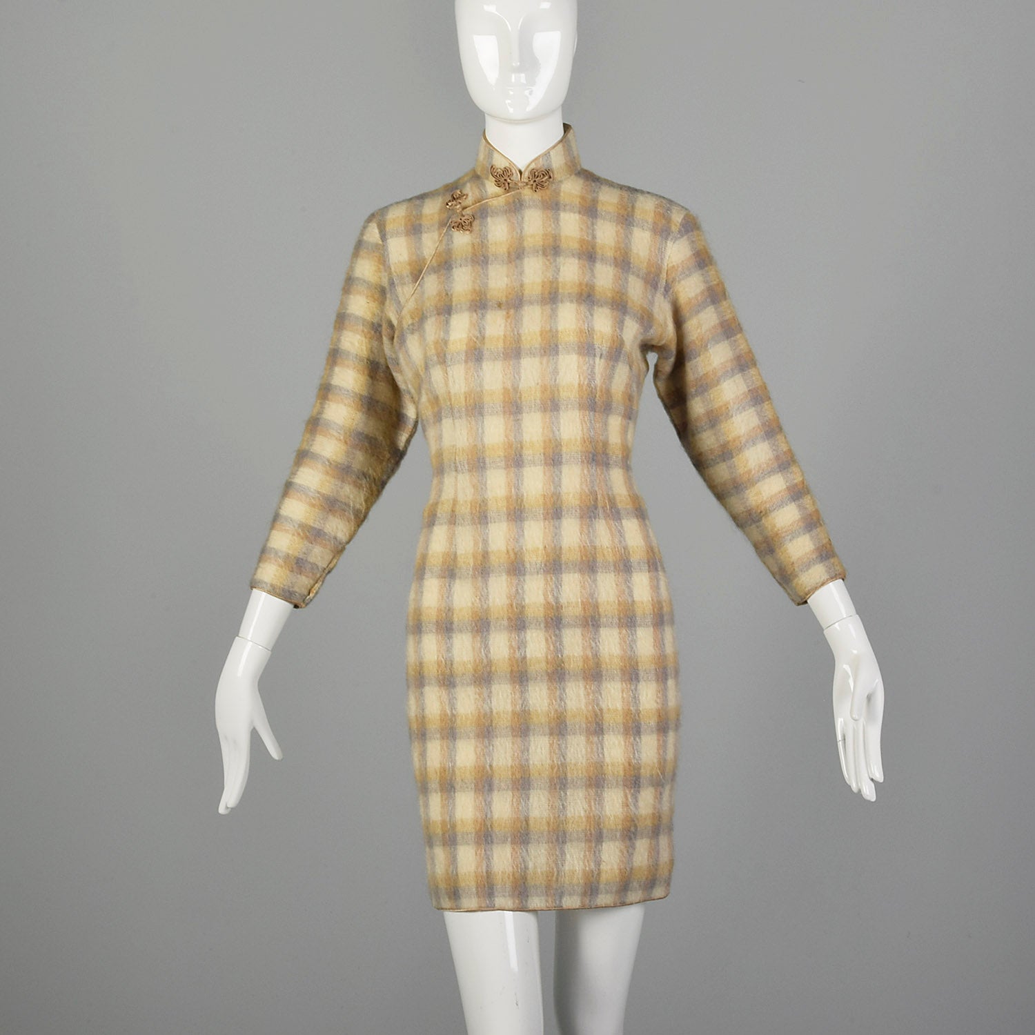 1960s Small Plaid Mohair Cheongsam Dress