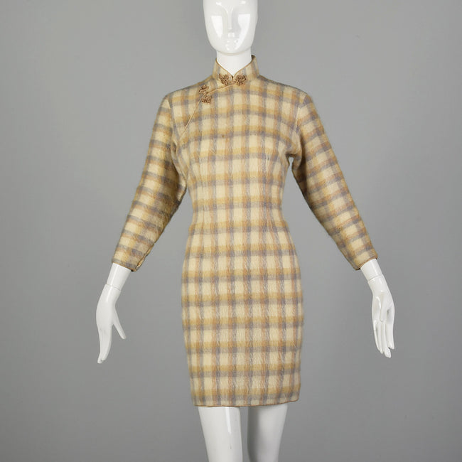 1960s Small Plaid Mohair Cheongsam Dress