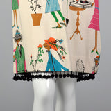 1960s Deadstock Novelty Print Shift Dress with Pom Pom Hem
