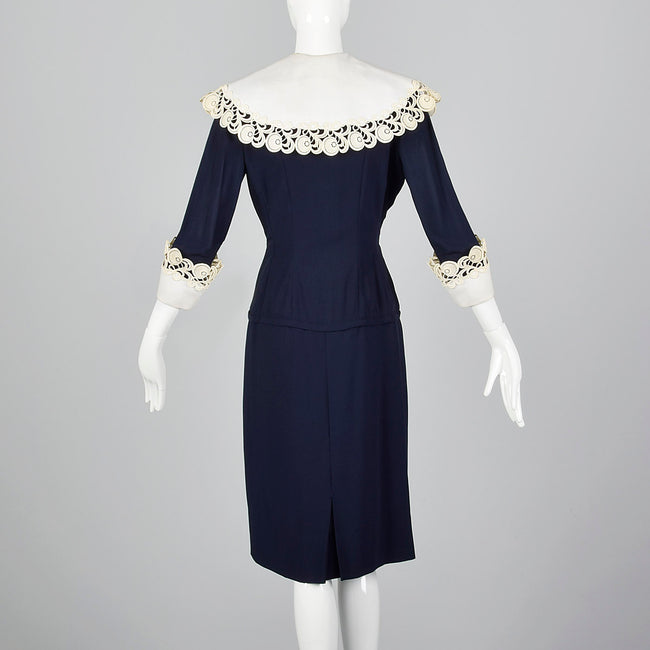 1950s Navy Blue Dress with Large Collar and Cuffs
