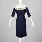 1950s Navy Blue Dress with Large Collar and Cuffs