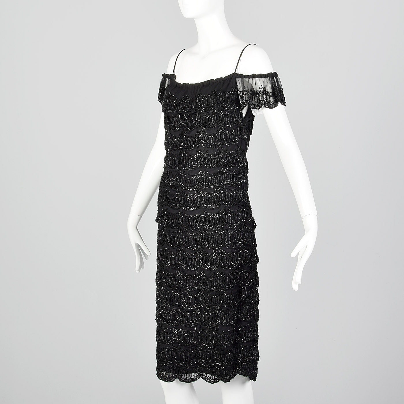 1990s Off Shoulder Beaded Dress with Layered Ruffles