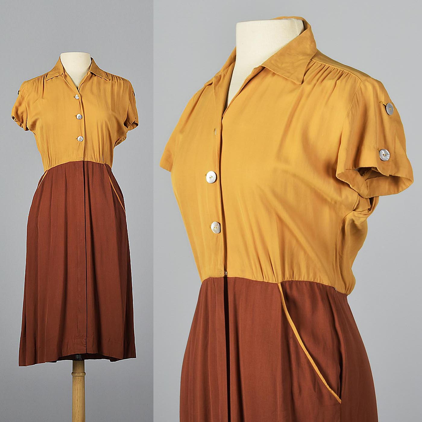 1950s Yellow and Brown Gaberdine Day Dress