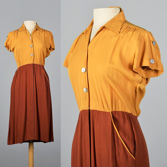 1950s Yellow and Brown Gaberdine Day Dress
