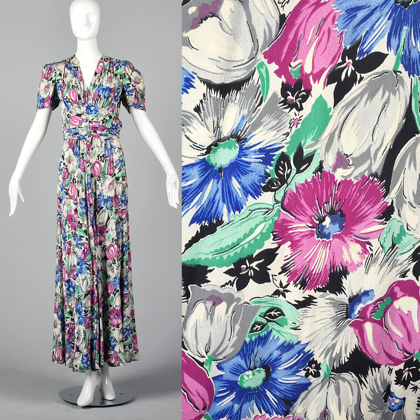 1940s Gorgeous Floral Print Rayon Dress