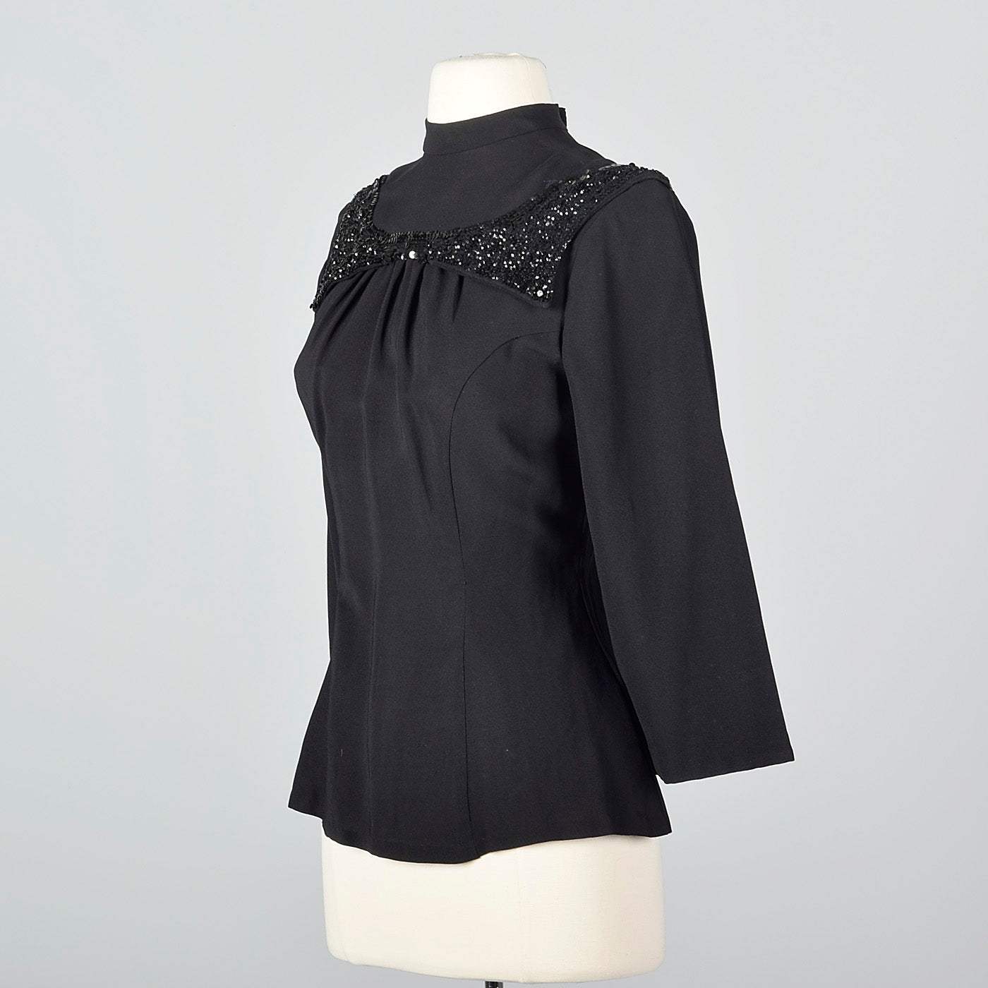 1940s Black Fitted Blouse with Sequin Trim