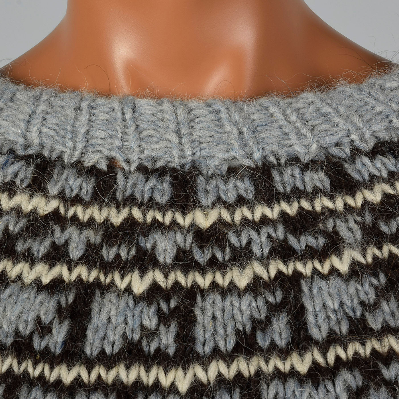 1960s Mens Cream Sweater with Gray, Blue, and Black Knit