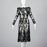 1980s Sheer Black Lace Dress with Sequins & Scalloped Hem
