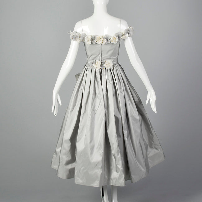 2000s Formal Gray Taffeta Evening Dress with Floral Applique
