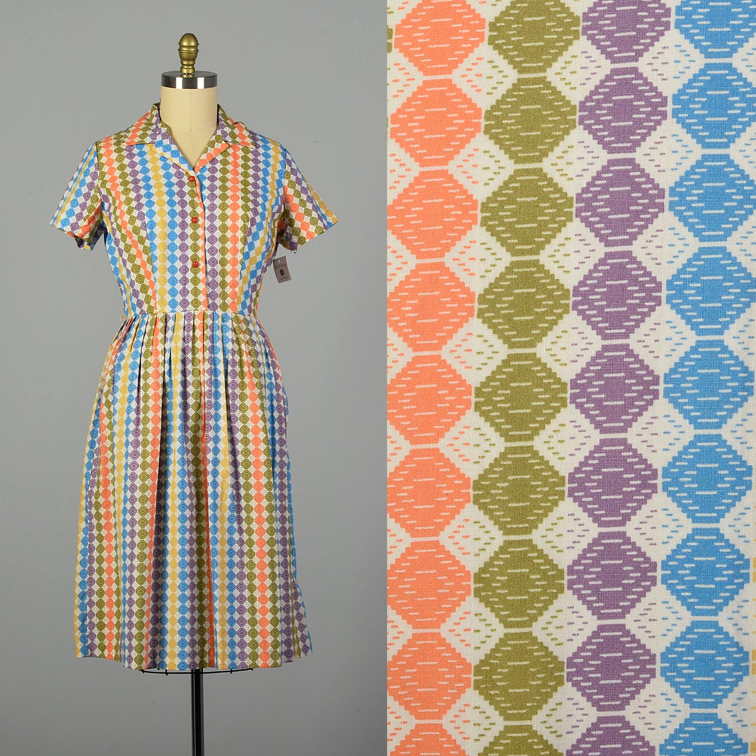 Large 1950s Cotton Day Dress with Colorful Print Shirtwaist