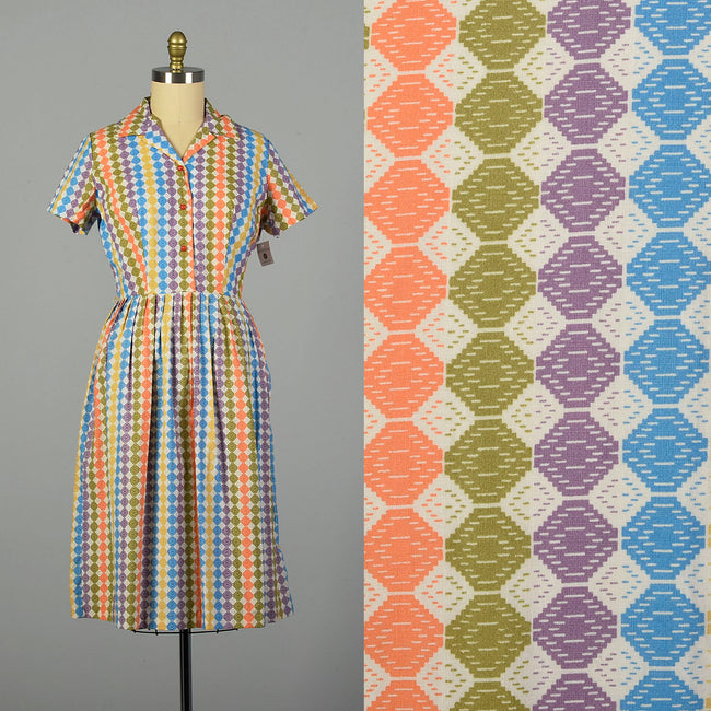 Large 1950s Cotton Day Dress with Colorful Print Shirtwaist