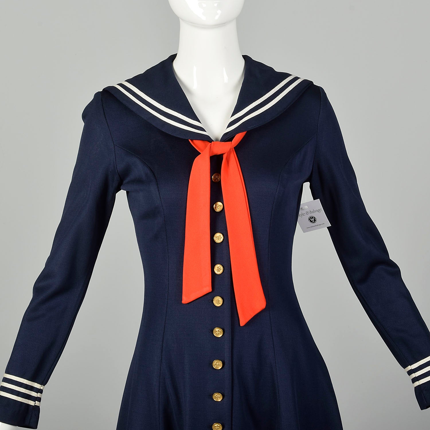 Small 1970s Sexy Sailor Dress Micro Mini Navy Blue Long Sleeves