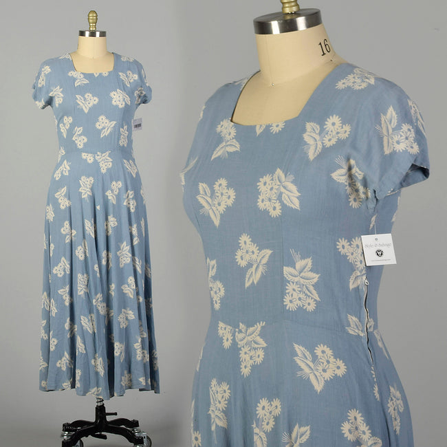 XL 1950s Day Dress Casual Blue Short Sleeve Floral Novelty Print Rayon