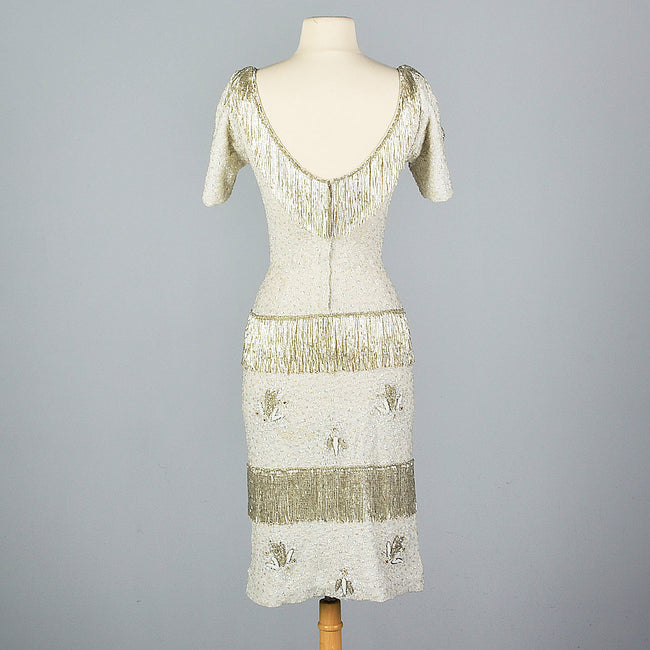 1960s Hand Knit Silver Beaded Dress with Fringe Detail