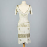 1960s Hand Knit Silver Beaded Dress with Fringe Detail
