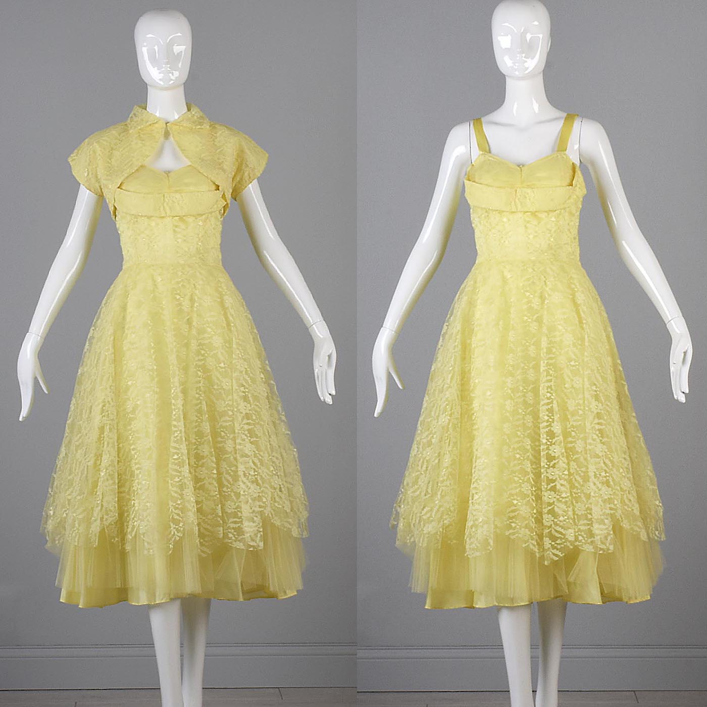 1950s Yellow Lace and Tulle Party Dress