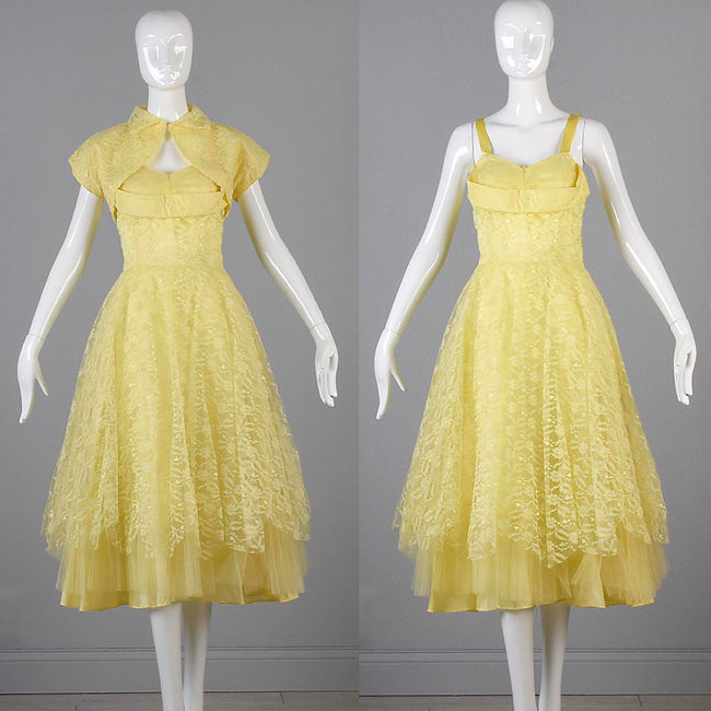 1950s Yellow Lace and Tulle Party Dress