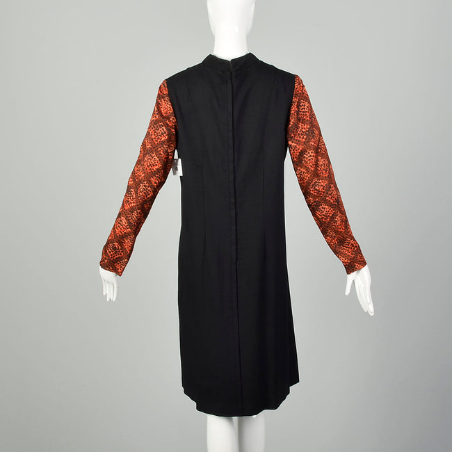XL 1960s Color Block Shift Dress Long Sleeve Lattice Print