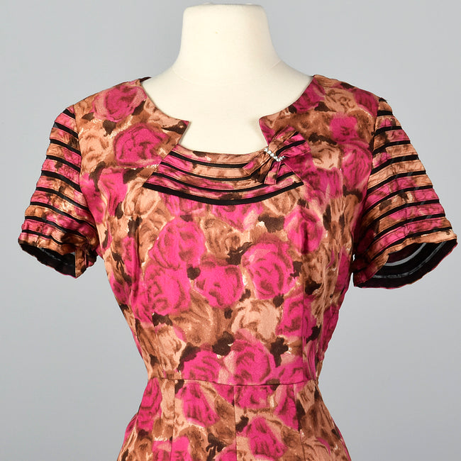 1950s Floral Dress with Sheer Detail Collar and Sleeves