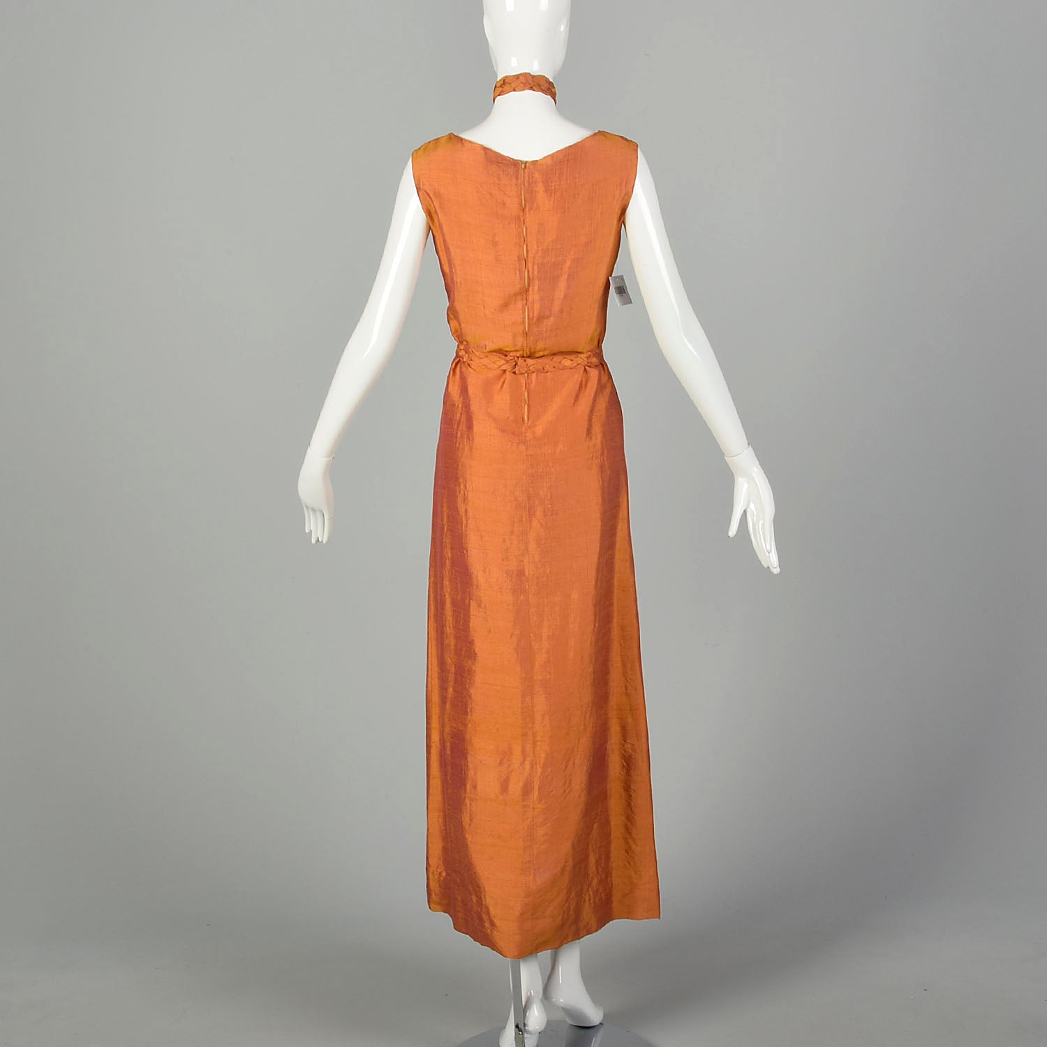Small 1990s Orange Red Gold Silk Dupioni Sharkskin Dress with Belt and Accessories