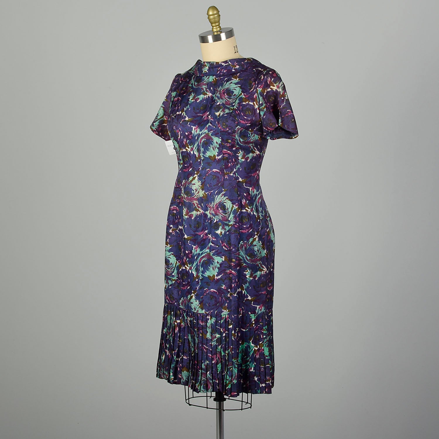 Large 1950s Blue and Purple Swirl Patterned Acetate Dress