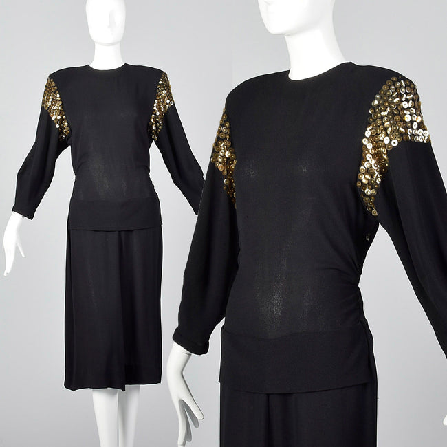 1940s Black Femme Fatale Dress with Gold Sequins