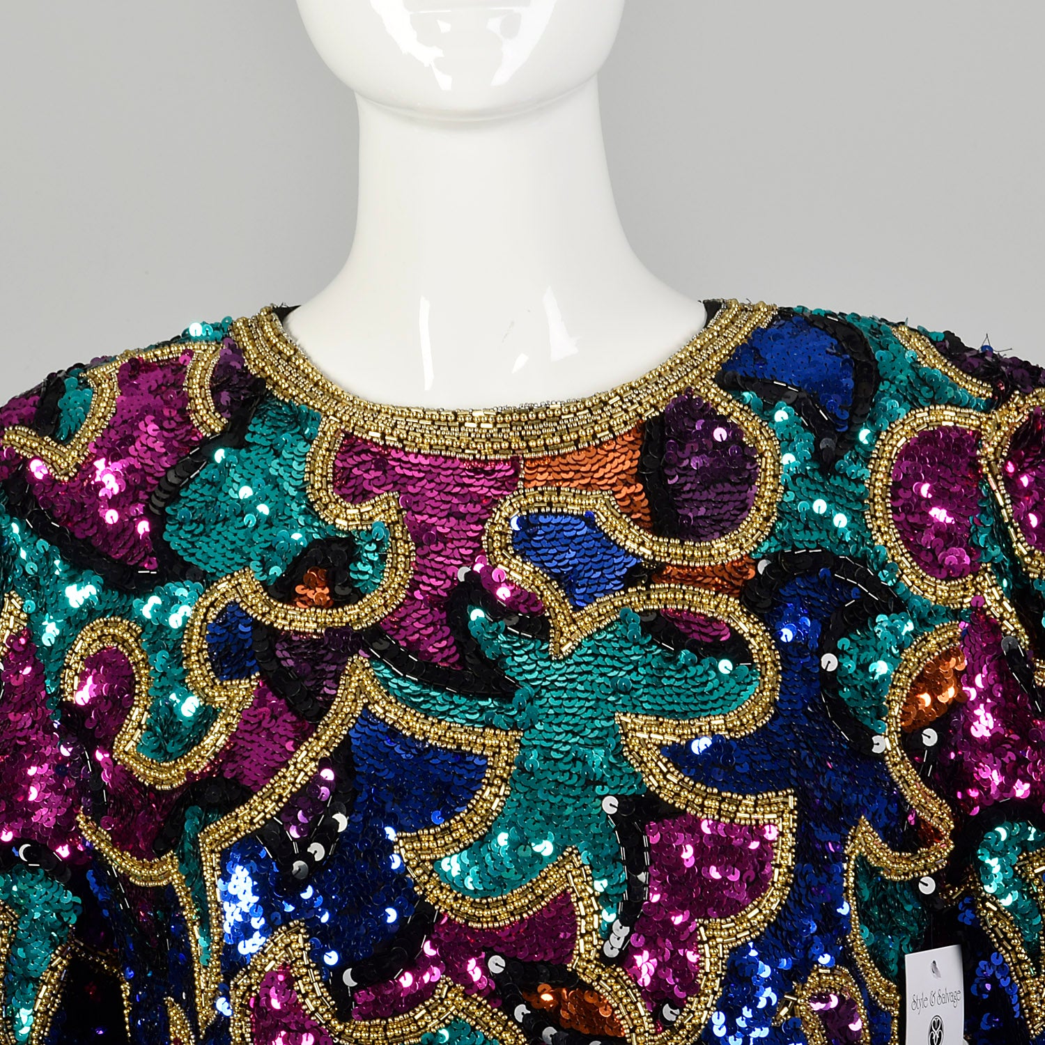 Medium 1990s Oleg Cassini Shirt Multicolored Sequin Formal Long Sleeve Eveningwear