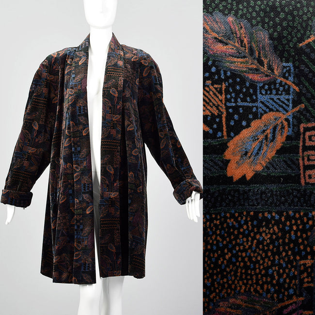 1980s Black Cotton Velvet Swing Coat