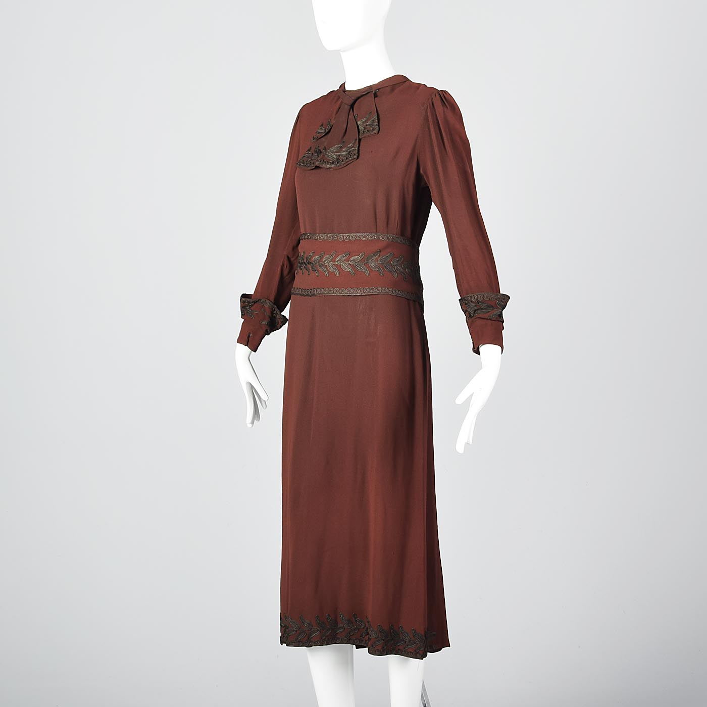 1930s Kathryn Vrooman Winter Day Dress with Funnel Cuffs & Soutache Trim