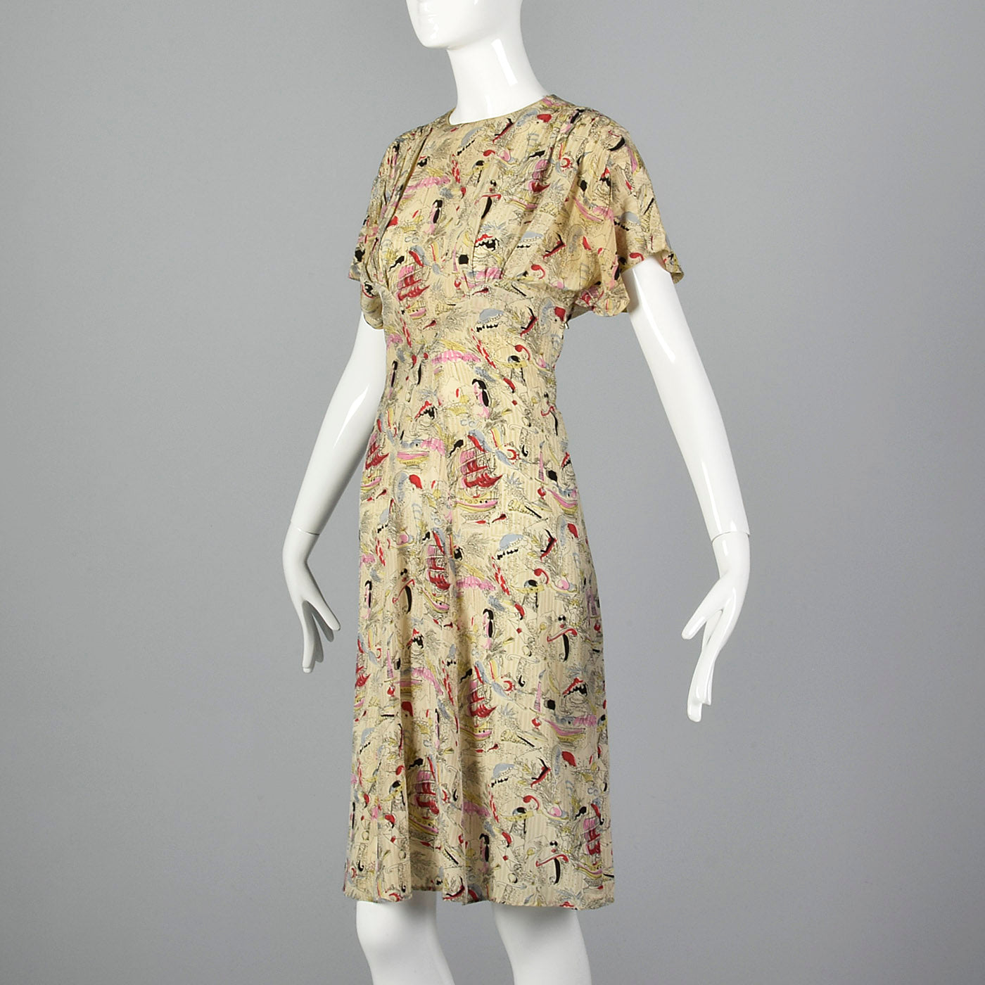 1940s Novelty Print Silk Dress with Neck Tie