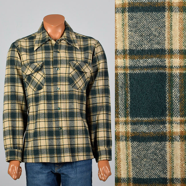 1960s Mens Pendleton Board Shirt in Green Plaid