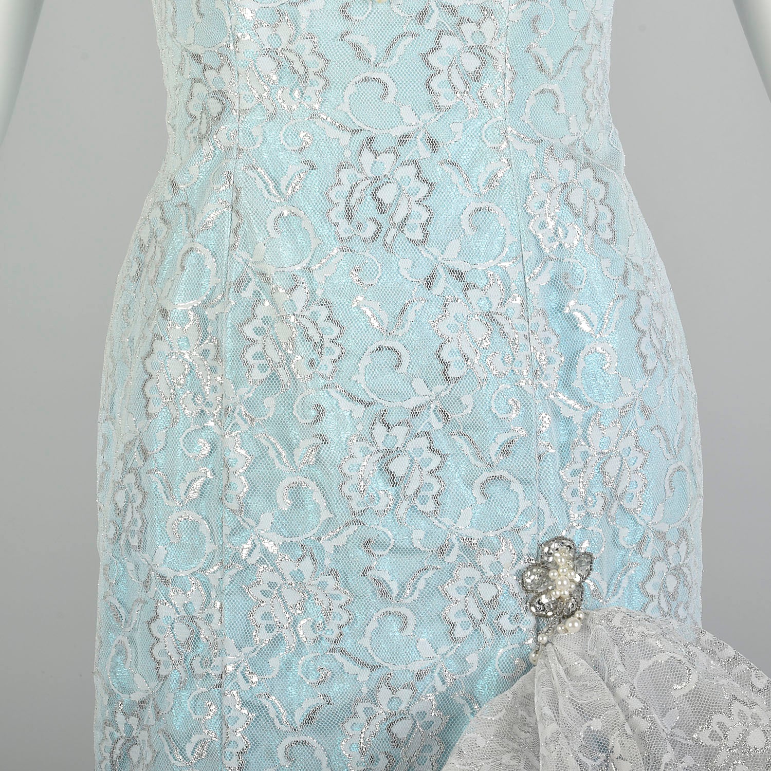 Small 1980s Blue Silver Sleeveless Layered Lace Asymmetric Calypso Mermaid Prom Dress