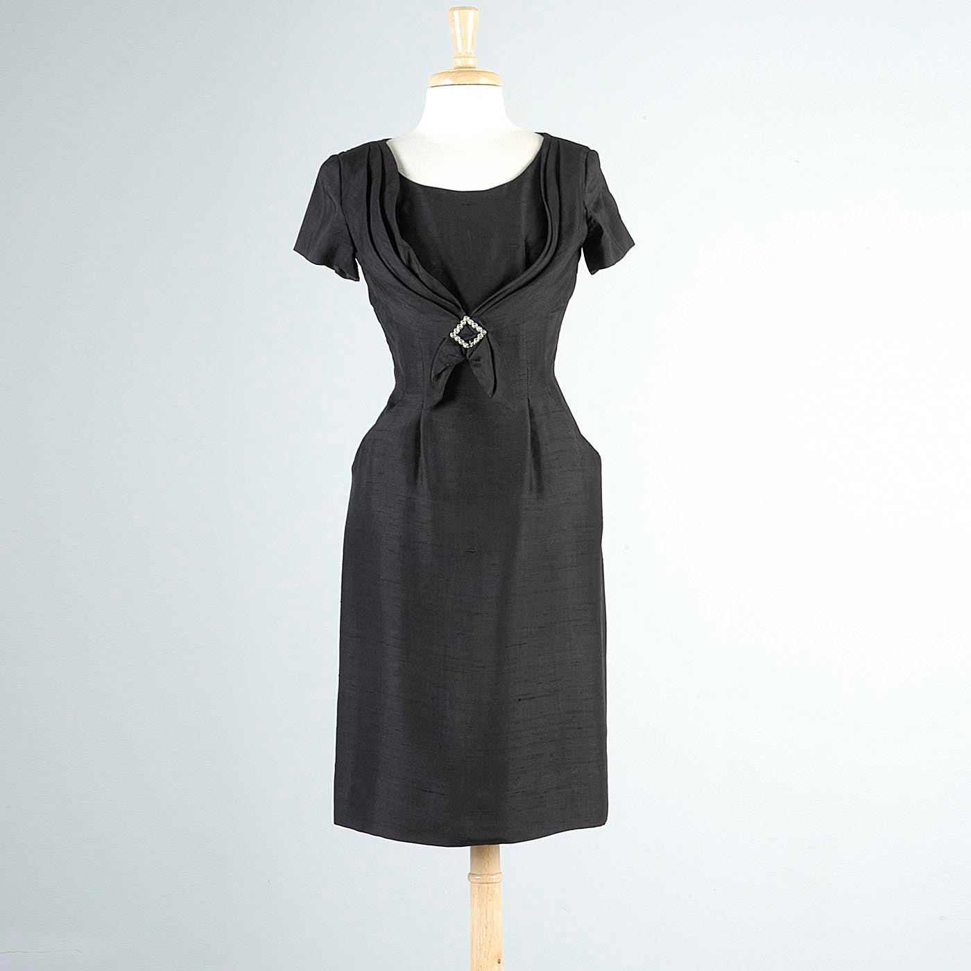 1950s Black Silk Cocktail Dress with Fitted Waist