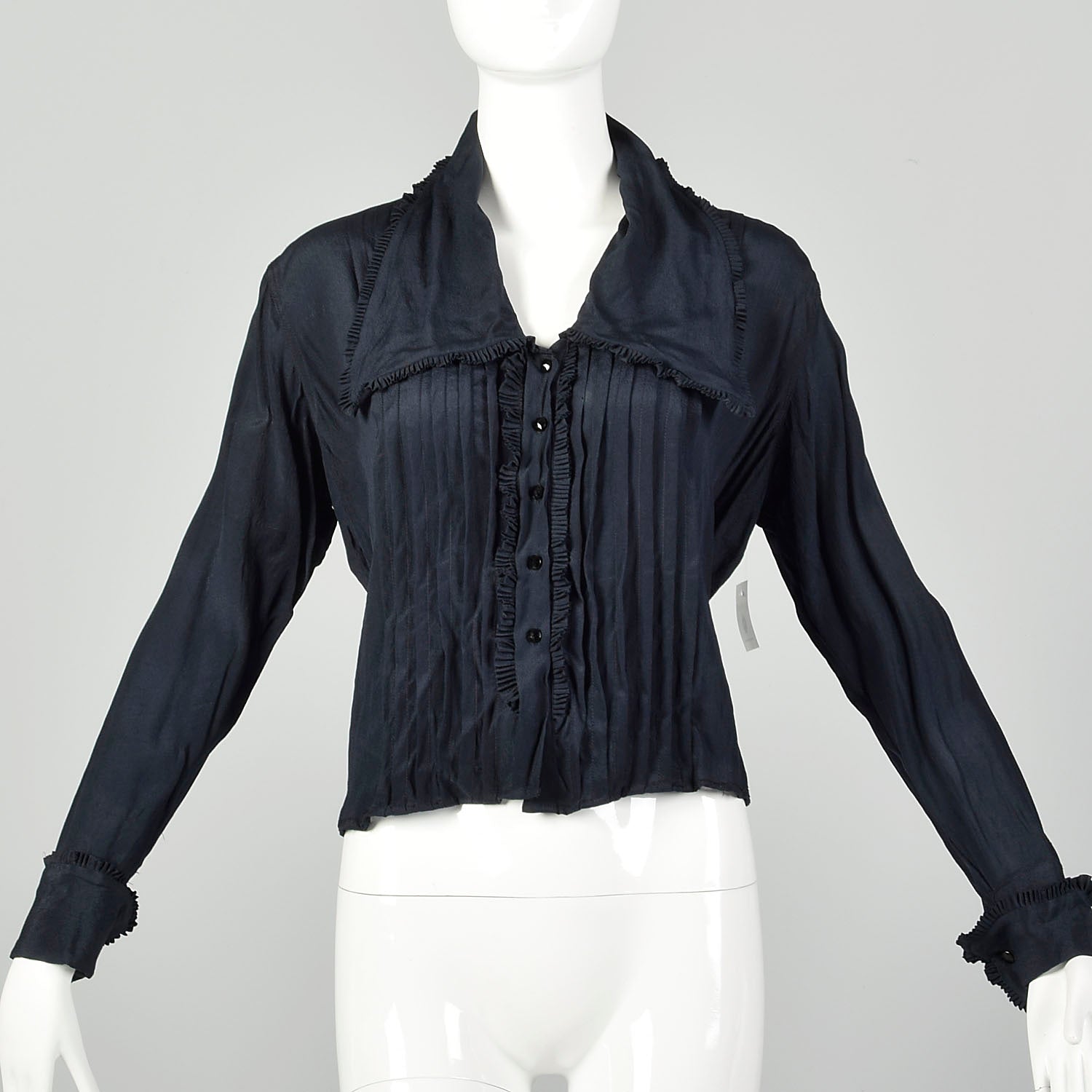 Large 1910s Blouse Edwardian Navy Blue Silk Shirt Pleated Tie Back Waist Top