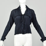 Large 1910s Blouse Edwardian Navy Blue Silk Shirt Pleated Tie Back Waist Top