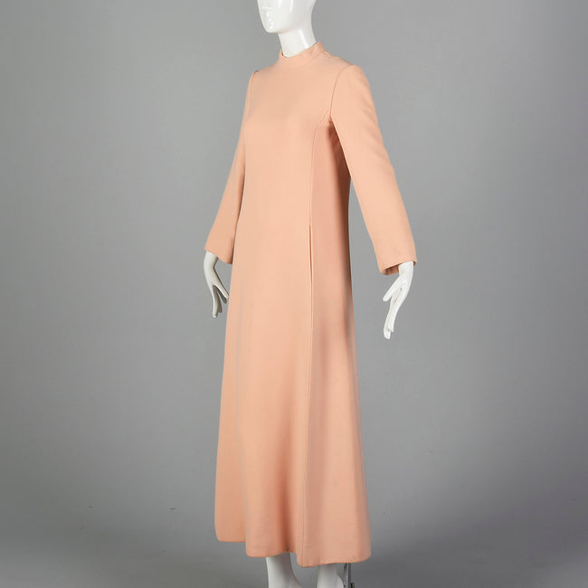 Small 1960s George Halley Blush Pink Gown Long Sleeve Winter Formal Wedding Dress