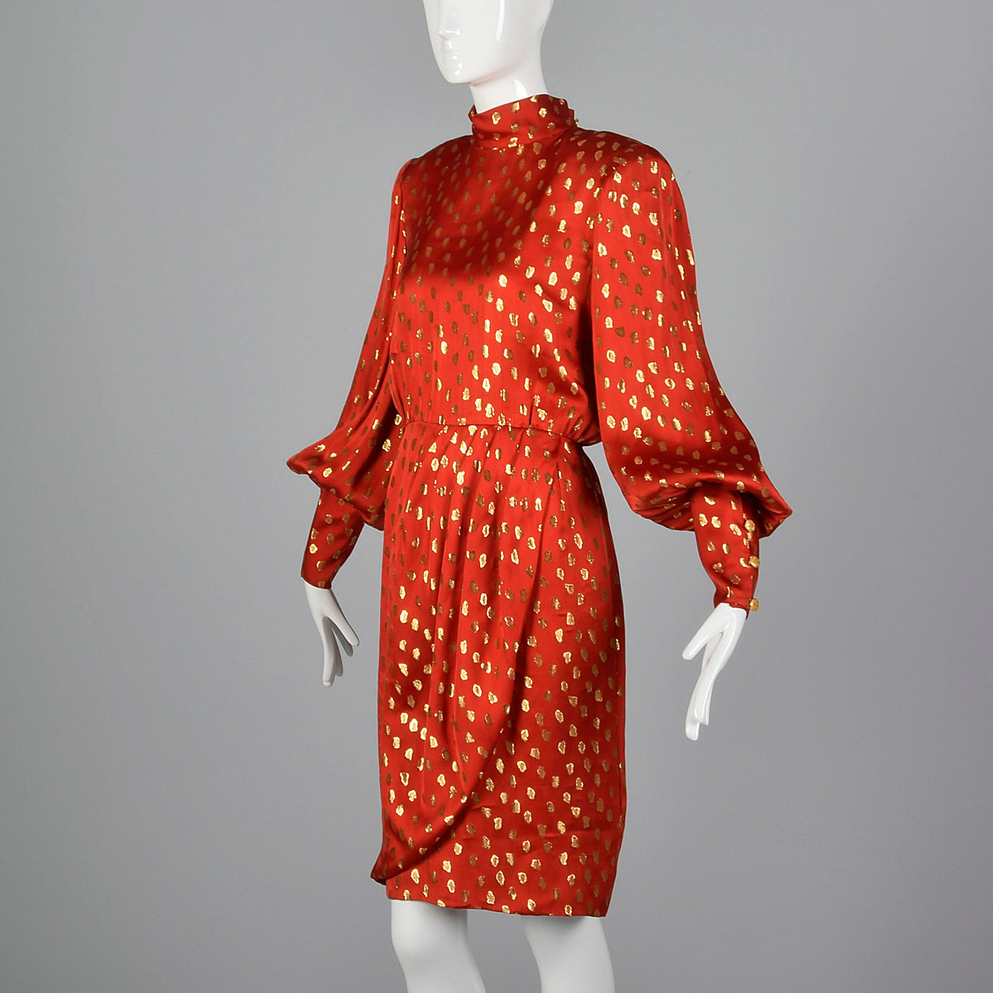 1980s Guy Laroche Red Silk Pencil Dress with Metallic Gold Design