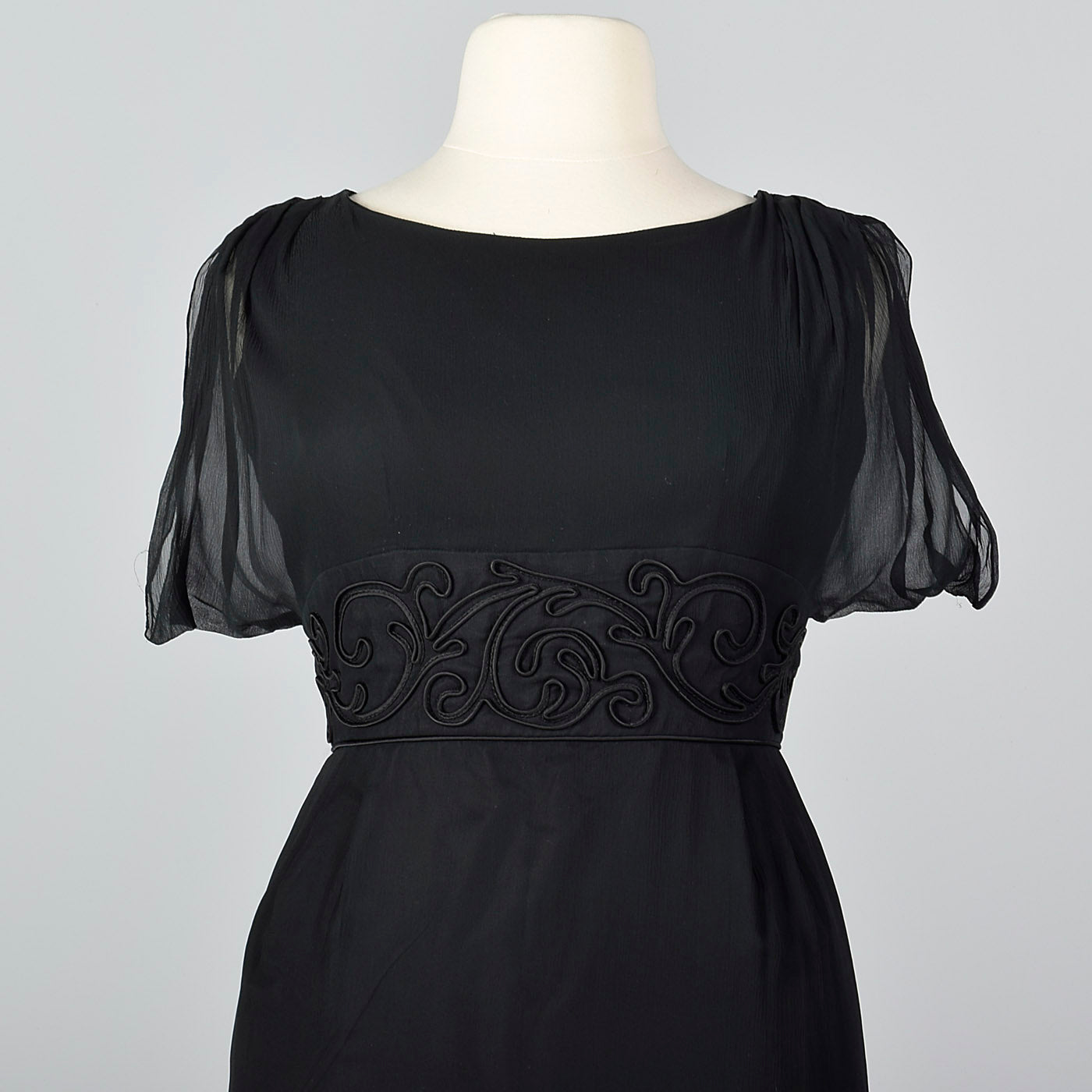 1950s Black Silk Dress with Soutache Trim Waist
